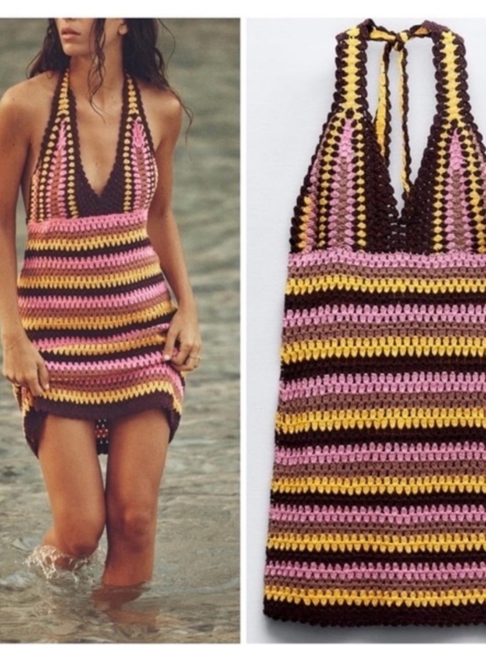 Zara Striped Crochet Halter in Pink, Yellow & Brown